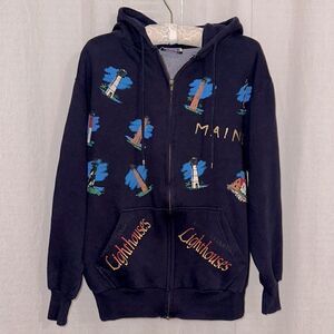 ALA S Navy Maine Great Coastal Lighthouses Full Zip Cotton Fleece Inner Hoodie